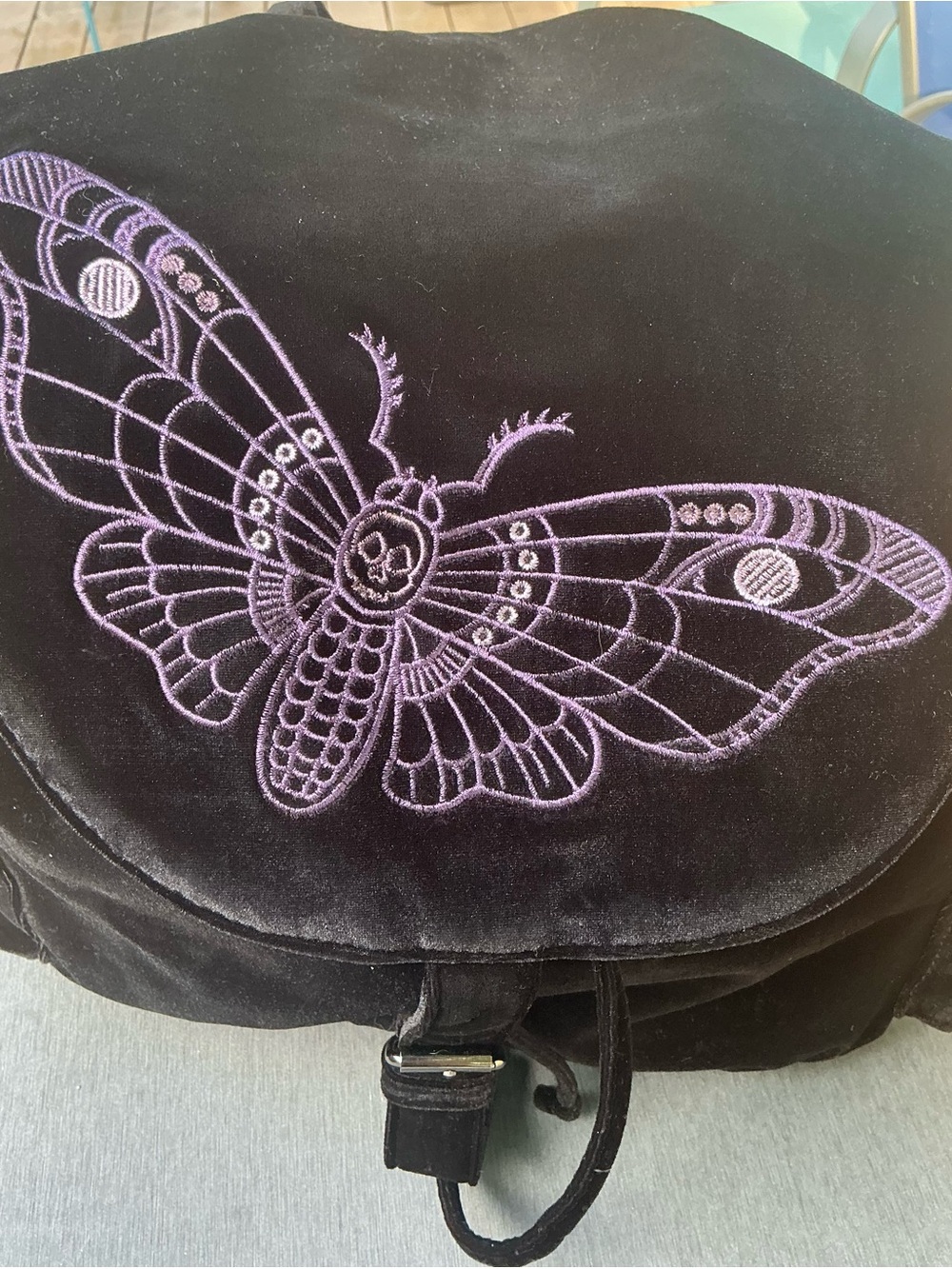 Disturbia Black Velvet Backpack with Lilac Moth / Butterfly Embroidery - Picture 6 of 15